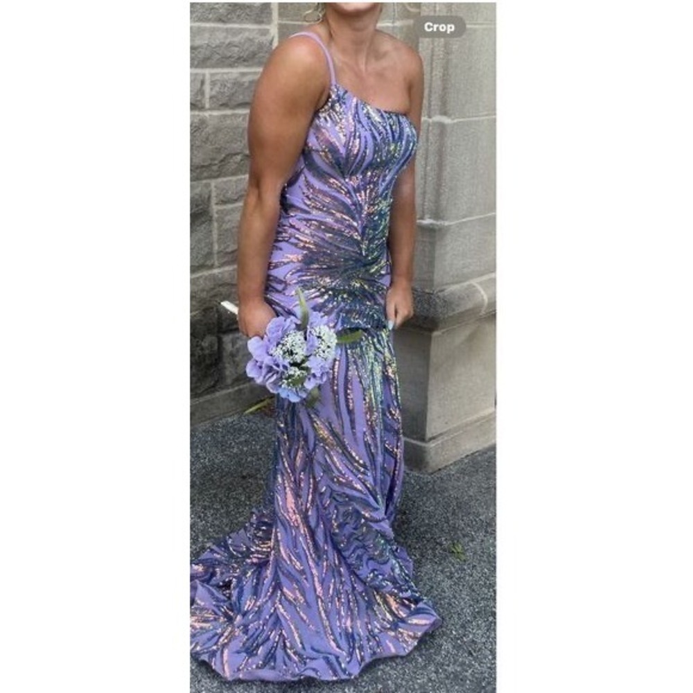Jovani lavender Iridescent Sequin One Shoulder Gown Prom Dress Mermaid Size 8‎
